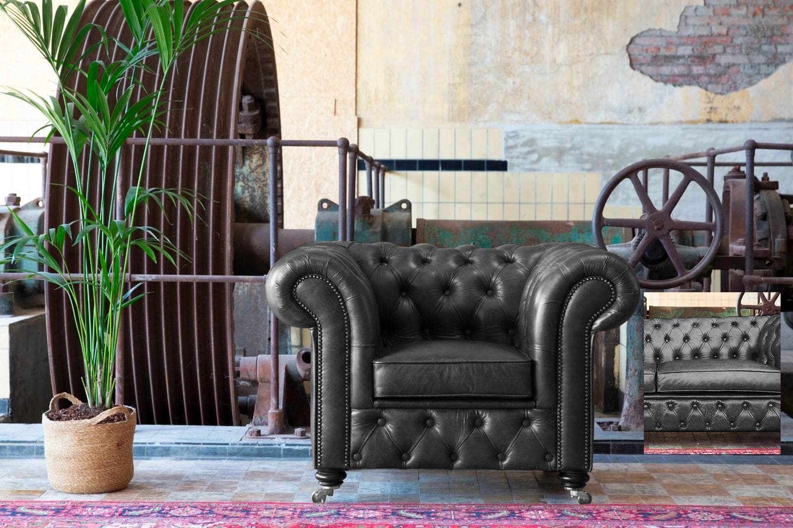 Leer Theoretisch kalf Chesterfield fauteuil zwart vintage look - OTIQ